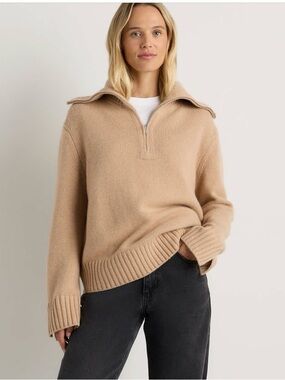 Quince Beige Half-Zip Cowl Sweater